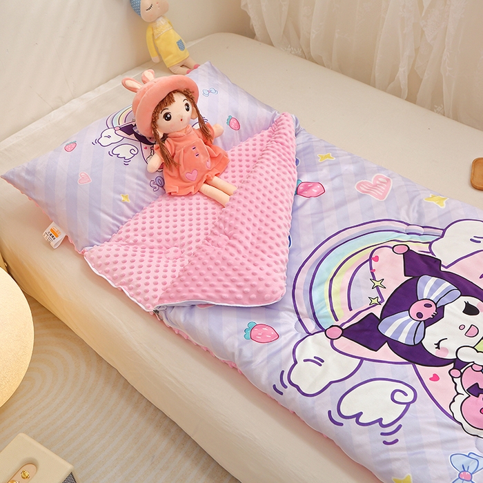 91家纺网 家纺一手货源 找家纺 八零年代 2025新款秋冬加厚豆豆绒儿童一体睡袋宝宝绒防踢被 彩虹库米