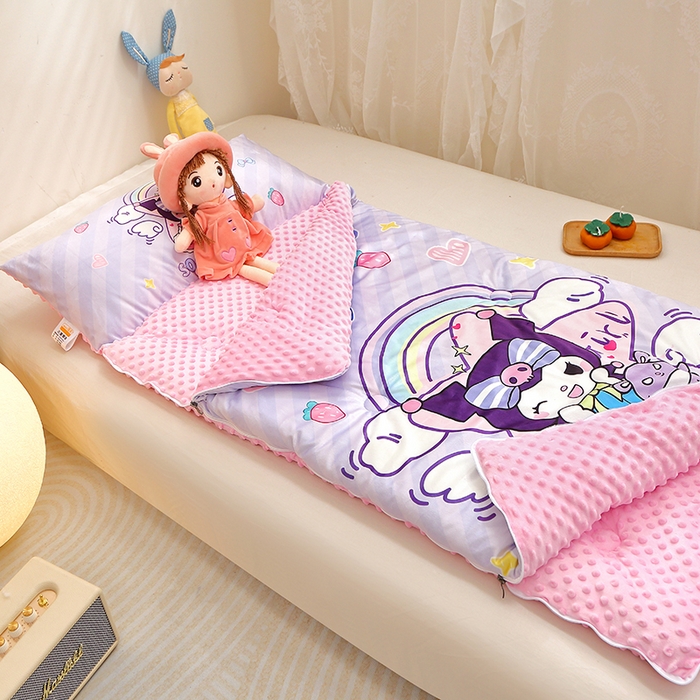 91家纺网 家纺一手货源 找家纺 八零年代 2025新款秋冬加厚豆豆绒儿童一体睡袋宝宝绒防踢被 彩虹库米