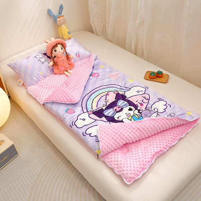 91家纺网 家纺一手货源 找家纺 八零年代 2025新款秋冬加厚豆豆绒儿童一体睡袋宝宝绒防踢被 彩虹库米