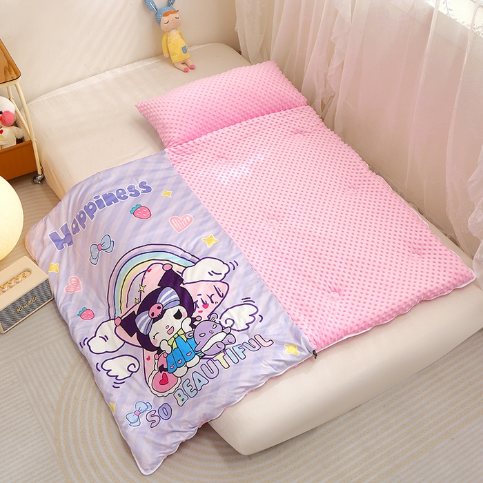 91家纺网 家纺一手货源 找家纺 八零年代 2025新款秋冬加厚豆豆绒儿童一体睡袋宝宝绒防踢被 彩虹库米