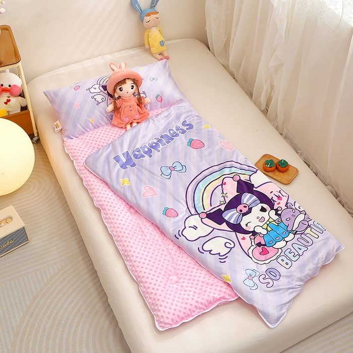 91家纺网 家纺一手货源 找家纺 八零年代 2025新款秋冬加厚豆豆绒儿童一体睡袋宝宝绒防踢被 彩虹库米