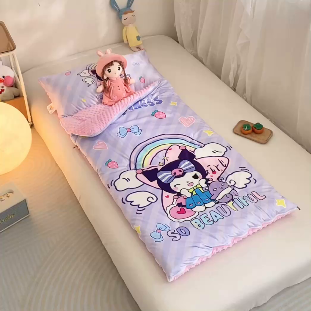 91家纺网 家纺一手货源 找家纺 八零年代 2025新款秋冬加厚豆豆绒儿童一体睡袋宝宝绒防踢被 彩虹库米