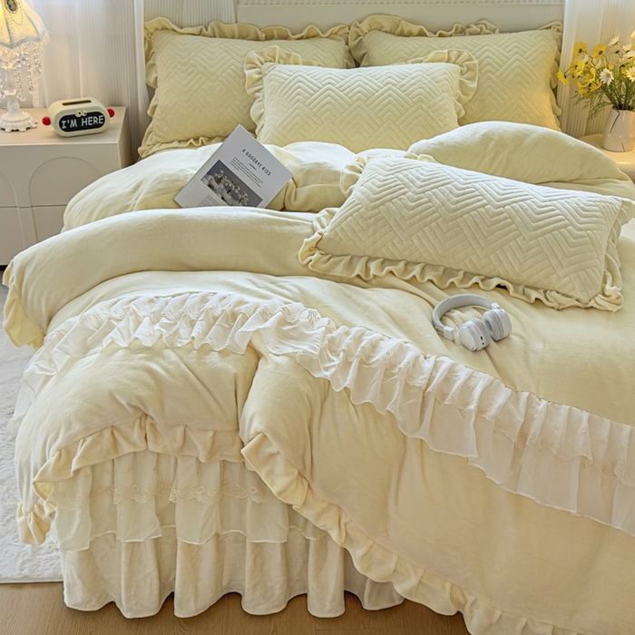 91家纺网 家纺一手货源 找家纺 家之硕家纺 2025冬款高克重牛奶绒床裙四件套--暖阳系列 暖阳系列--杏黄