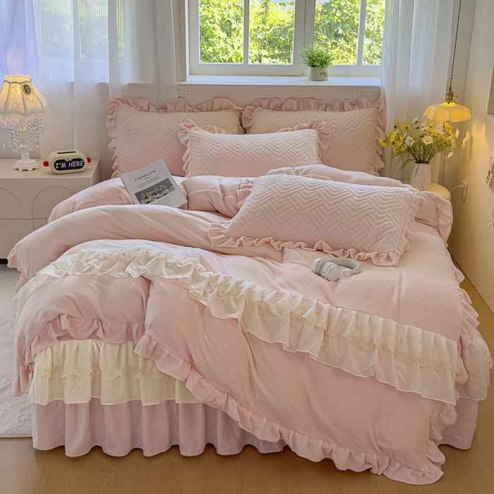 家之硕家纺 2025冬款高克重牛奶绒床裙四件套--暖阳系列 暖阳系列--粉