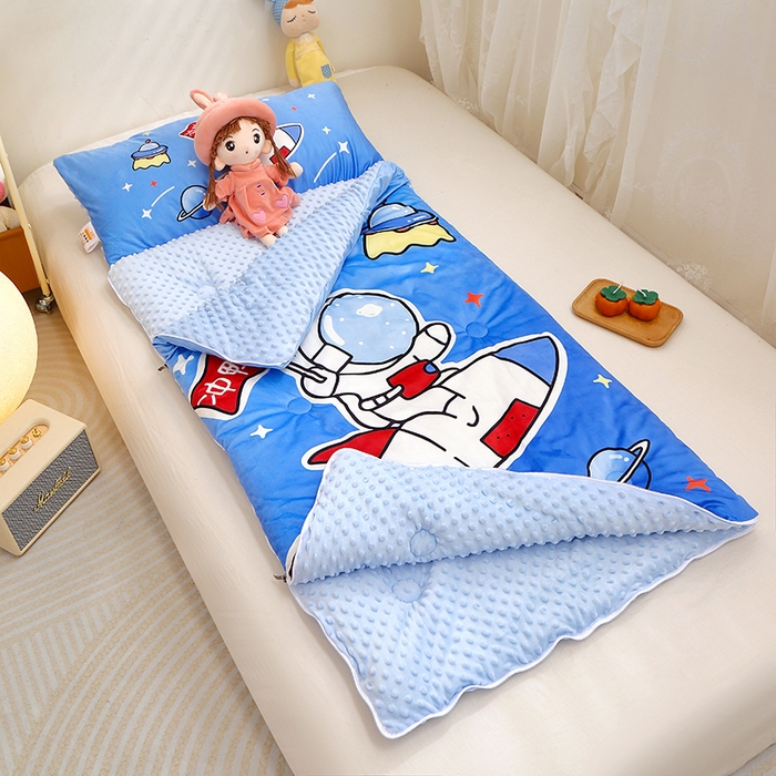 91家纺网 家纺一手货源 找家纺 八零年代 2025新款秋冬加厚豆豆绒儿童一体睡袋宝宝绒防踢被 太空旅行