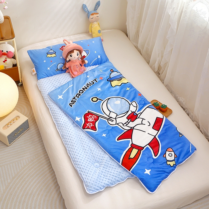91家纺网 家纺一手货源 找家纺 八零年代 2025新款秋冬加厚豆豆绒儿童一体睡袋宝宝绒防踢被 太空旅行