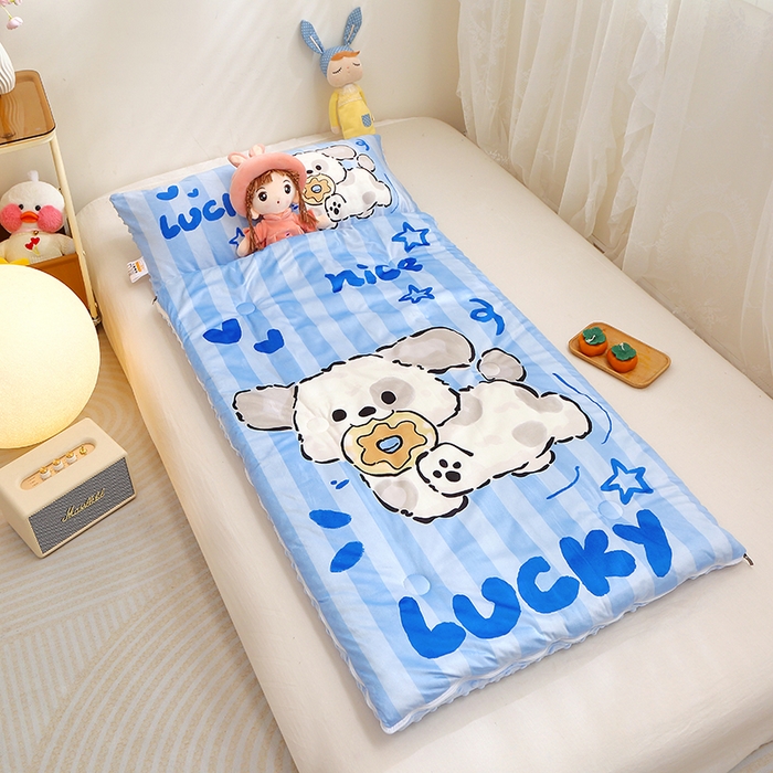 91家纺网 家纺一手货源 找家纺 八零年代 2025新款秋冬加厚豆豆绒儿童一体睡袋宝宝绒防踢被 饼干小狗