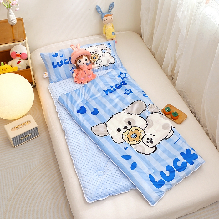 91家纺网 家纺一手货源 找家纺 八零年代 2025新款秋冬加厚豆豆绒儿童一体睡袋宝宝绒防踢被 饼干小狗