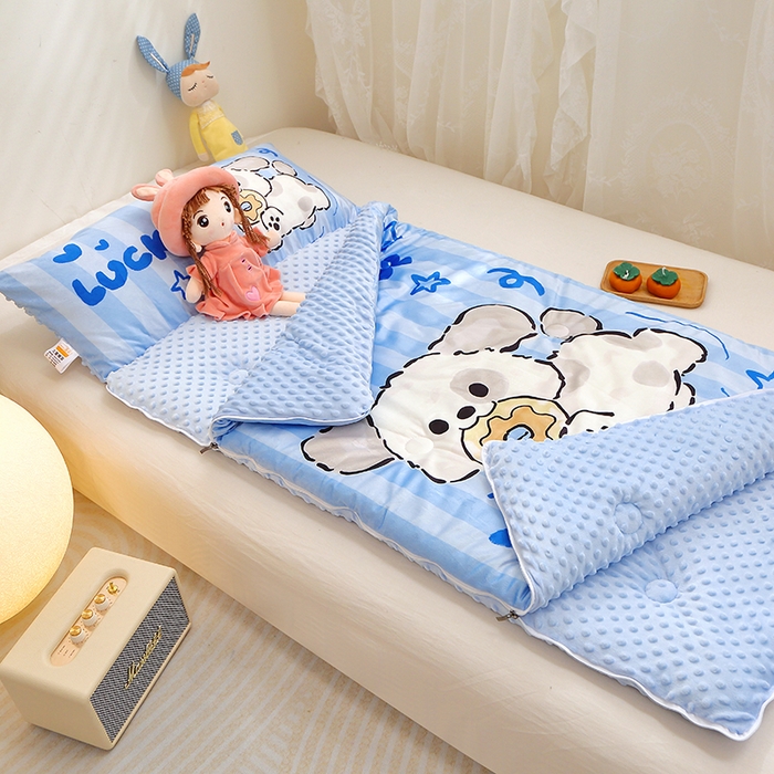 91家纺网 家纺一手货源 找家纺 八零年代 2025新款秋冬加厚豆豆绒儿童一体睡袋宝宝绒防踢被 饼干小狗