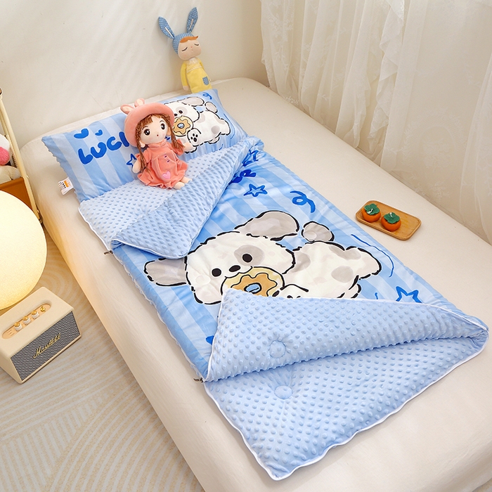 91家纺网 家纺一手货源 找家纺 八零年代 2025新款秋冬加厚豆豆绒儿童一体睡袋宝宝绒防踢被 饼干小狗