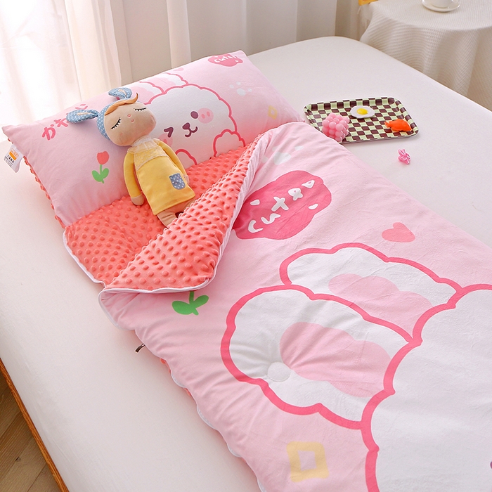 91家纺网 家纺一手货源 找家纺 八零年代 2025新款秋冬加厚豆豆绒儿童一体睡袋宝宝绒防踢被 粉色小兔