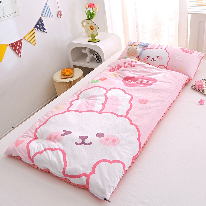 91家纺网 家纺一手货源 找家纺 八零年代 2025新款秋冬加厚豆豆绒儿童一体睡袋宝宝绒防踢被 粉色小兔