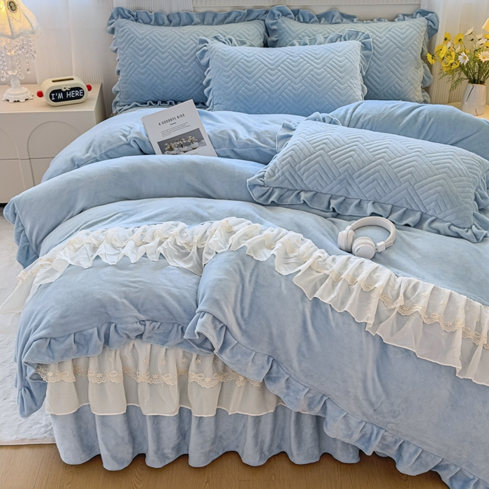 91家纺网 家纺一手货源 找家纺 家之硕家纺 2025冬款高克重牛奶绒床裙四件套--暖阳系列 暖阳系列--蓝