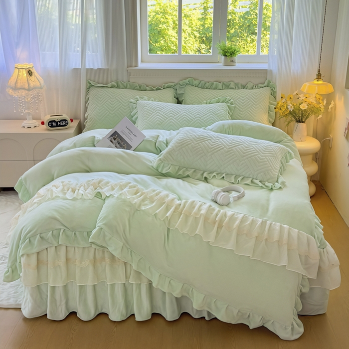 家之硕家纺 2025冬款高克重牛奶绒床裙四件套--暖阳系列 暖阳系列--绿
