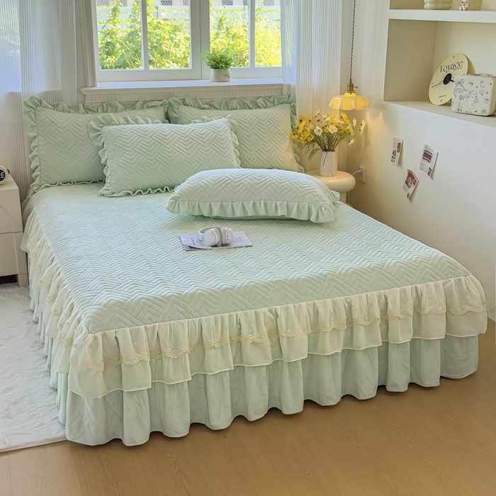 91家纺网 家纺一手货源 找家纺 家之硕家纺 2025冬款高克重牛奶绒床裙四件套--暖阳系列 暖阳系列--绿