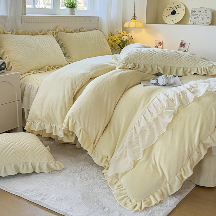 91家纺网 家纺一手货源 找家纺 家之硕家纺 2025冬款高克重牛奶绒床裙四件套--暖阳系列 暖阳系列--杏黄