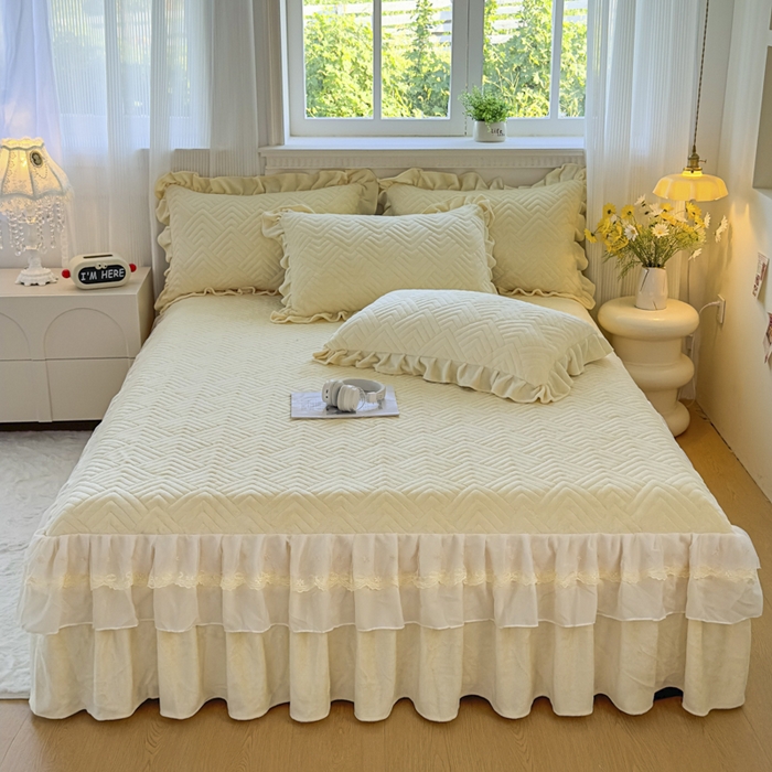 91家纺网 家纺一手货源 找家纺 家之硕家纺 2025冬款高克重牛奶绒床裙四件套--暖阳系列 暖阳系列--杏黄