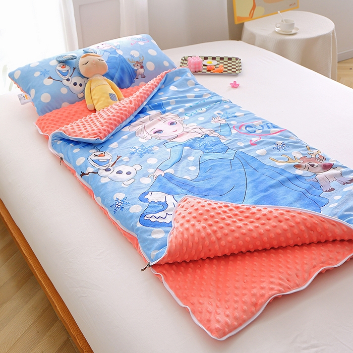 91家纺网 家纺一手货源 找家纺 八零年代 2025新款秋冬加厚豆豆绒儿童一体睡袋宝宝绒防踢被 雪公主