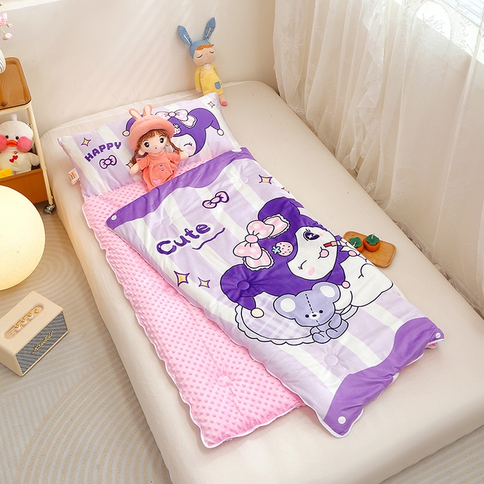 91家纺网 家纺一手货源 找家纺 八零年代 2025新款秋冬加厚豆豆绒儿童一体睡袋宝宝绒防踢被 条纹库米