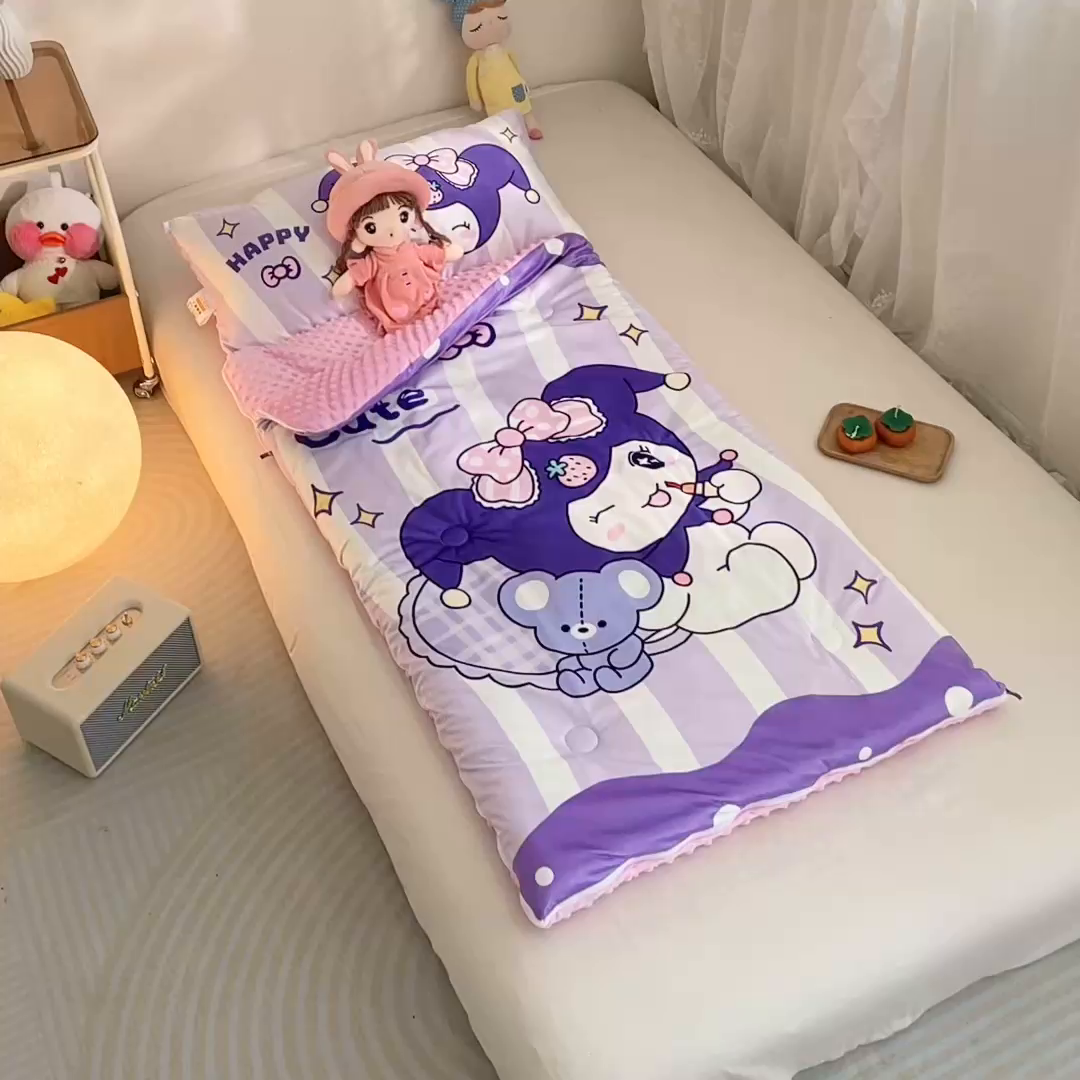 91家纺网 家纺一手货源 找家纺 八零年代 2025新款秋冬加厚豆豆绒儿童一体睡袋宝宝绒防踢被 条纹库米