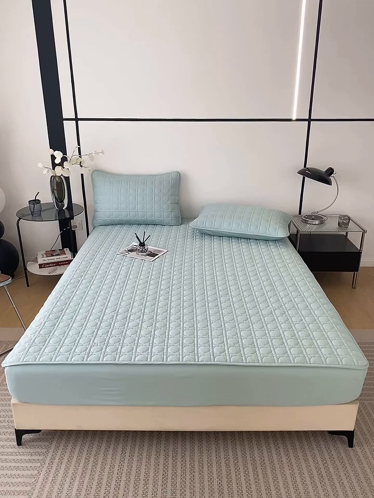 91家纺网 家纺一手货源 找家纺 佳笠家居 2025新款全棉纯棉夹棉床笠四季通用席梦思保护套床罩-初见系列 冰蓝