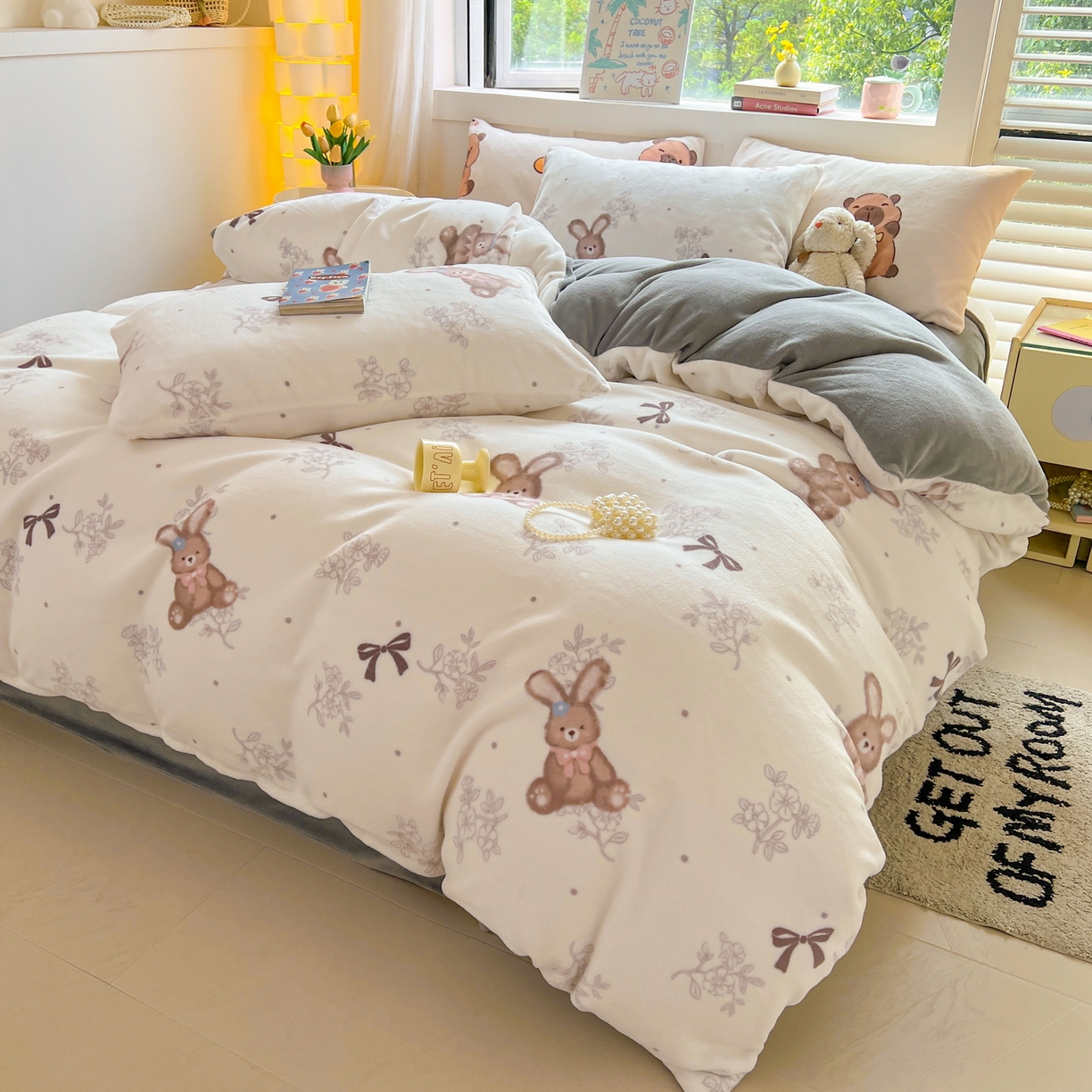 91家纺网 家纺一手货源 找家纺 LIFE.丽芙 2025秋冬新款A类牛奶绒加厚保暖单被套 花环小兔