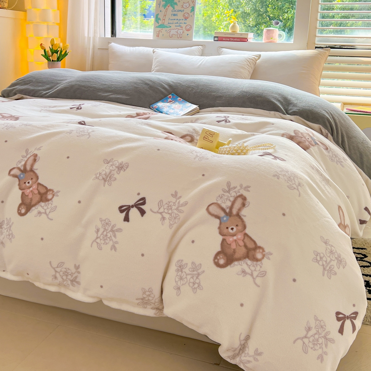 91家纺网 家纺一手货源 找家纺 LIFE.丽芙 2025秋冬新款A类牛奶绒加厚保暖单被套 花环小兔