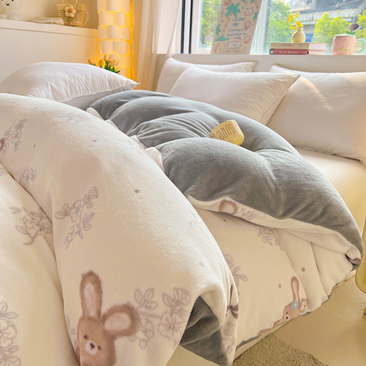 91家纺网 家纺一手货源 找家纺 LIFE.丽芙 2025秋冬新款A类牛奶绒加厚保暖单被套 花环小兔
