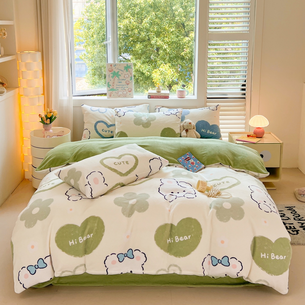 91家纺网 家纺一手货源 找家纺 LIFE.丽芙 2025秋冬新款A类牛奶绒加厚保暖单被套 爱心小宠-绿