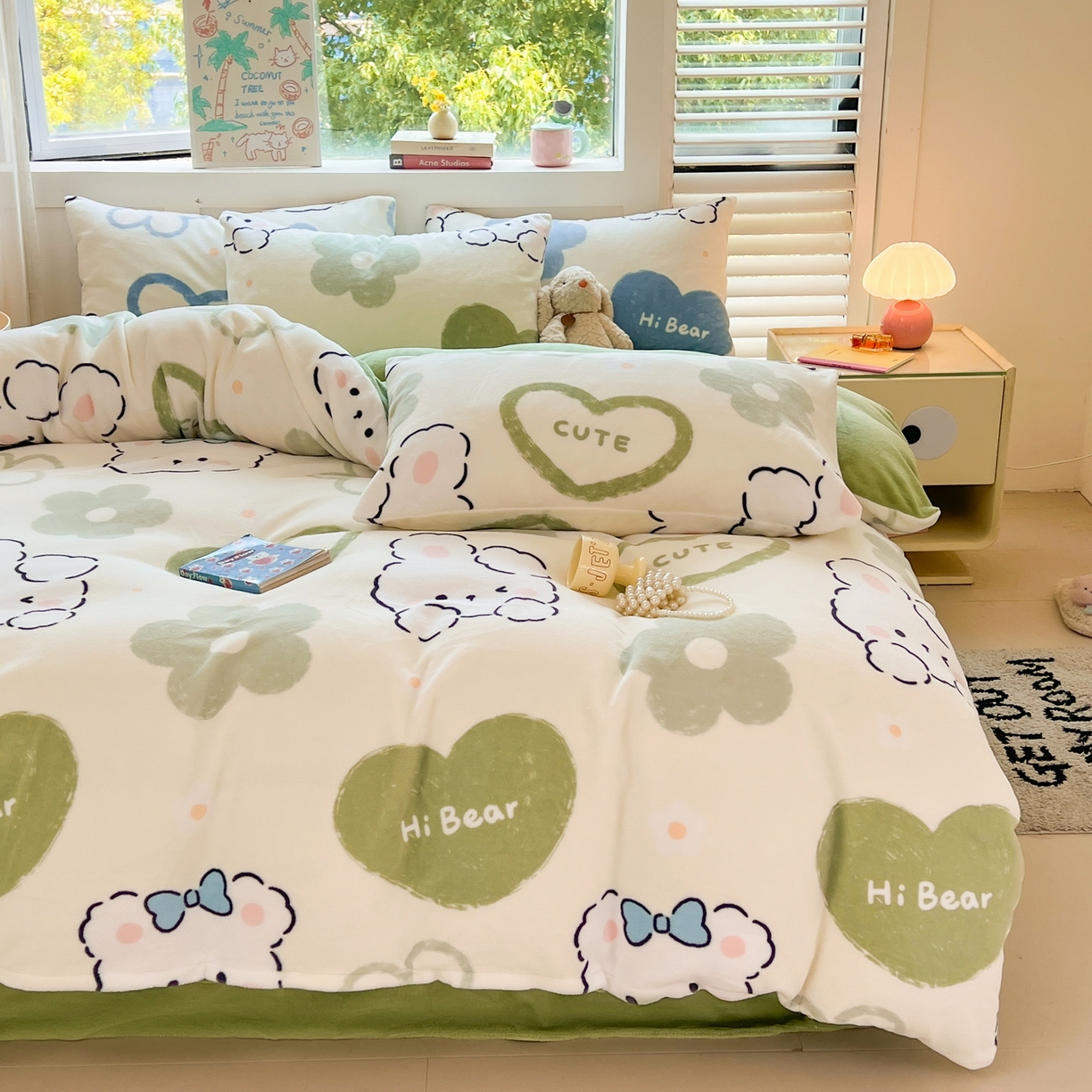 91家纺网 家纺一手货源 找家纺 LIFE.丽芙 2025秋冬新款A类牛奶绒加厚保暖单被套 爱心小宠-绿