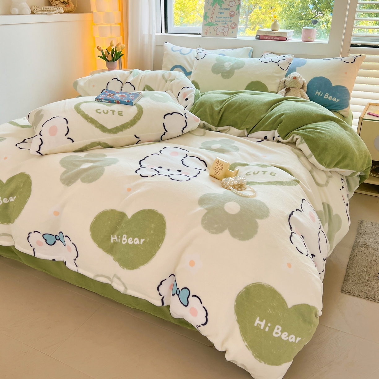 91家纺网 家纺一手货源 找家纺 LIFE.丽芙 2025秋冬新款A类牛奶绒加厚保暖单被套 爱心小宠-绿