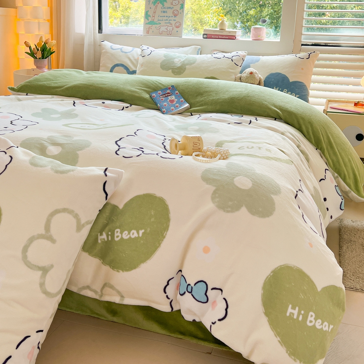 91家纺网 家纺一手货源 找家纺 LIFE.丽芙 2025秋冬新款A类牛奶绒加厚保暖单被套 爱心小宠-绿