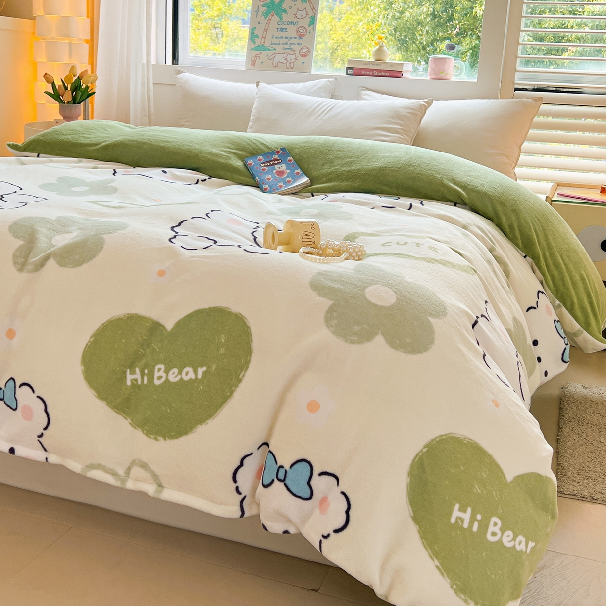 91家纺网 家纺一手货源 找家纺 LIFE.丽芙 2025秋冬新款A类牛奶绒加厚保暖单被套 爱心小宠-绿