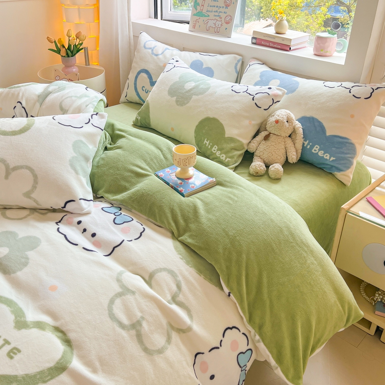 91家纺网 家纺一手货源 找家纺 LIFE.丽芙 2025秋冬新款A类牛奶绒加厚保暖单被套 爱心小宠-绿