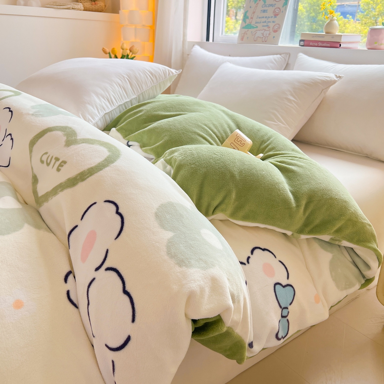 91家纺网 家纺一手货源 找家纺 LIFE.丽芙 2025秋冬新款A类牛奶绒加厚保暖单被套 爱心小宠-绿