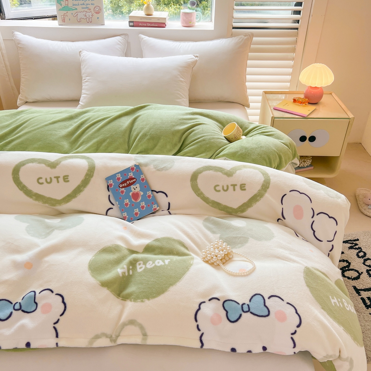 91家纺网 家纺一手货源 找家纺 LIFE.丽芙 2025秋冬新款A类牛奶绒加厚保暖单被套 爱心小宠-绿