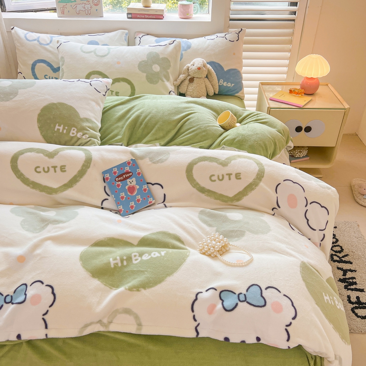 91家纺网 家纺一手货源 找家纺 LIFE.丽芙 2025秋冬新款A类牛奶绒加厚保暖单被套 爱心小宠-绿