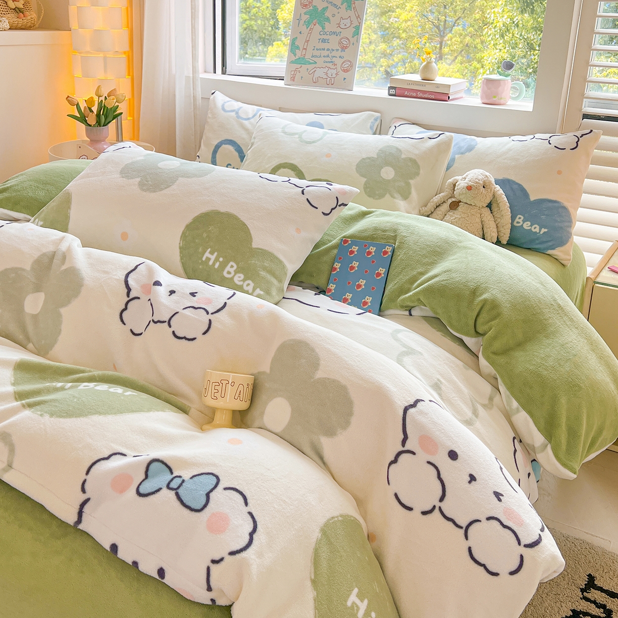 91家纺网 家纺一手货源 找家纺 LIFE.丽芙 2025秋冬新款A类牛奶绒加厚保暖单被套 爱心小宠-绿