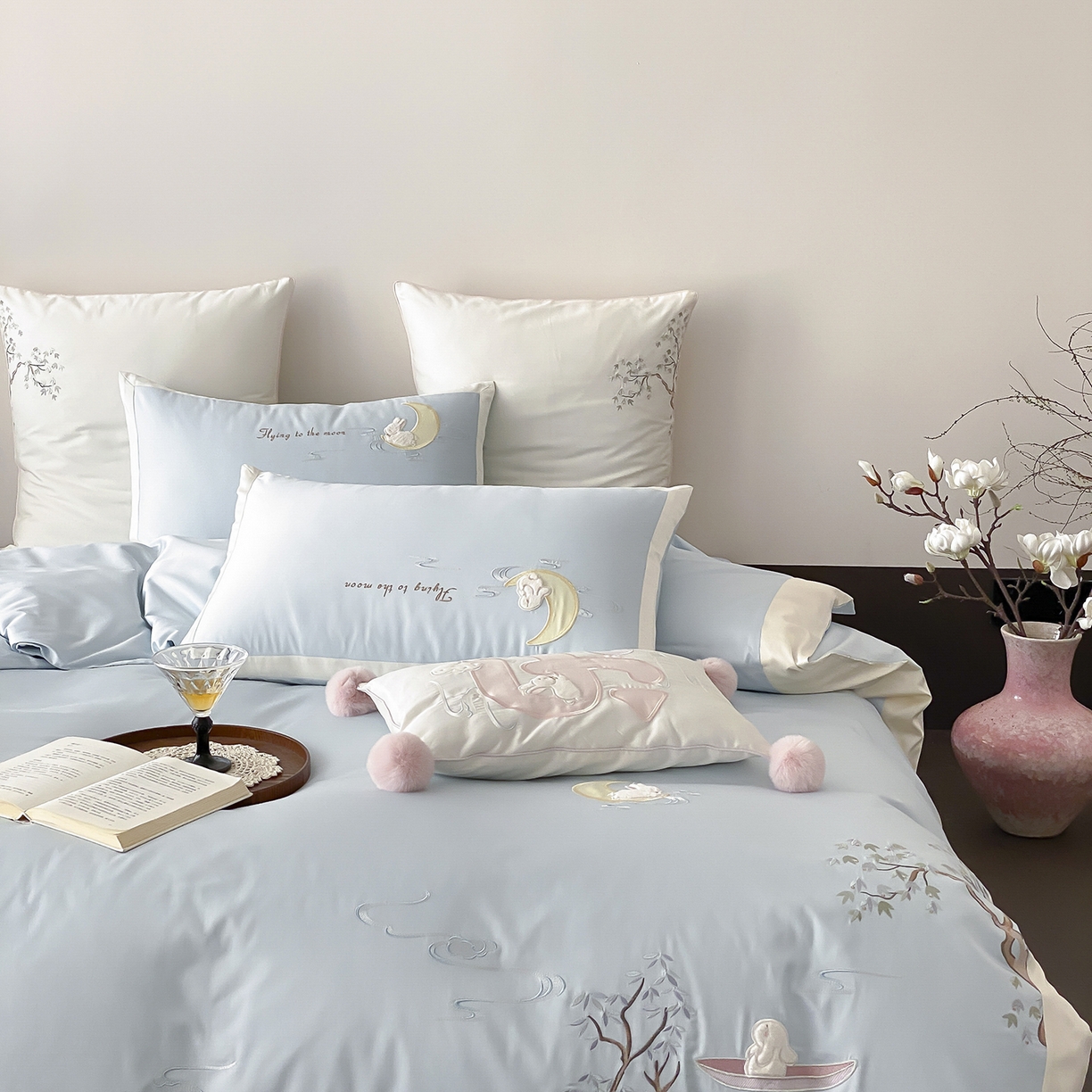 91家纺网 家纺一手货源 找家纺 MIU缪家居 2025新款100支全棉亲肤四件套-喜乐兔 喜乐兔-蓝