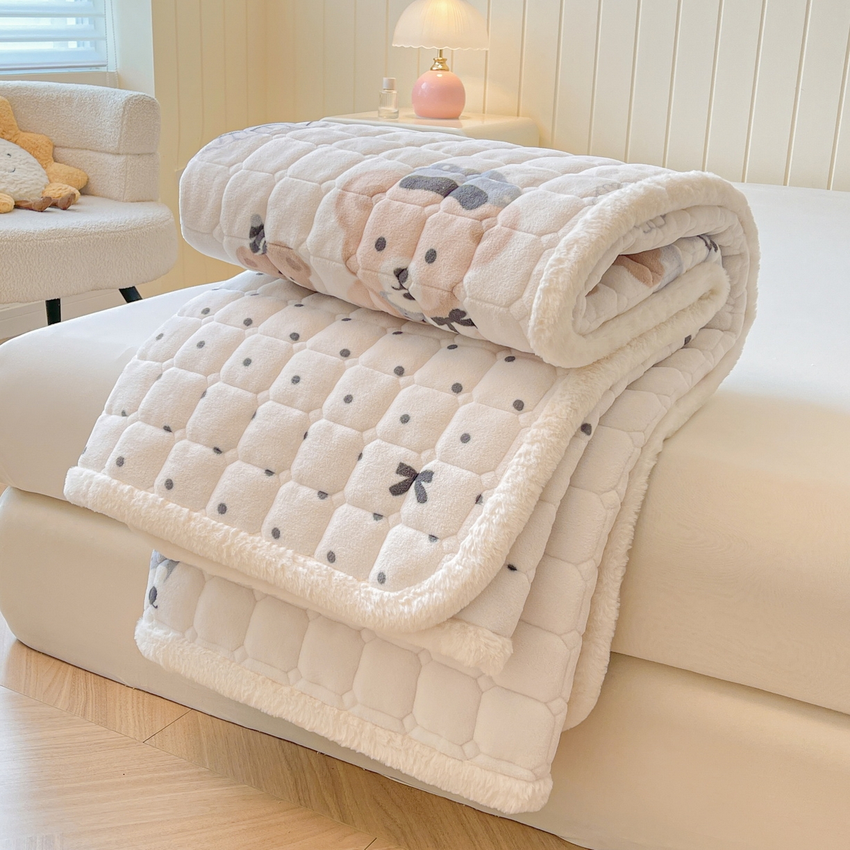 91家纺网 家纺一手货源 找家纺 LIFE.丽芙 2025秋冬新款牛奶绒加厚夹棉床垫床护垫单件印花卡通小清新床褥床垫子三件套 安心熊仔