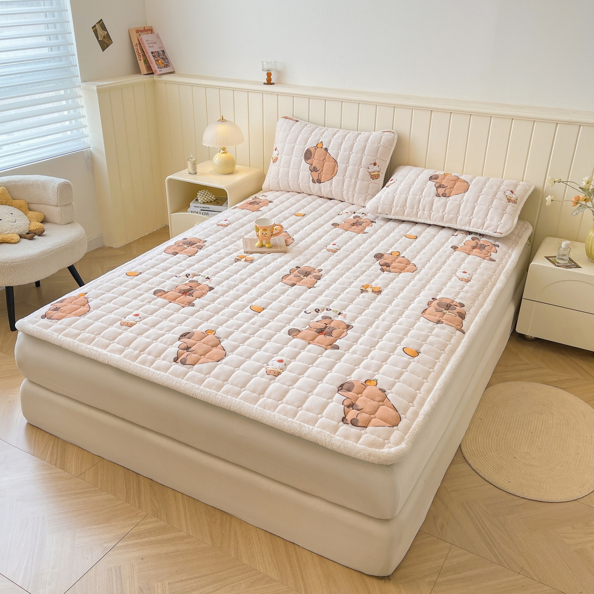 91家纺网 家纺一手货源 找家纺 LIFE.丽芙 2025秋冬新款牛奶绒加厚夹棉床垫床护垫单件印花卡通小清新床褥床垫子三件套 麦麦卡皮