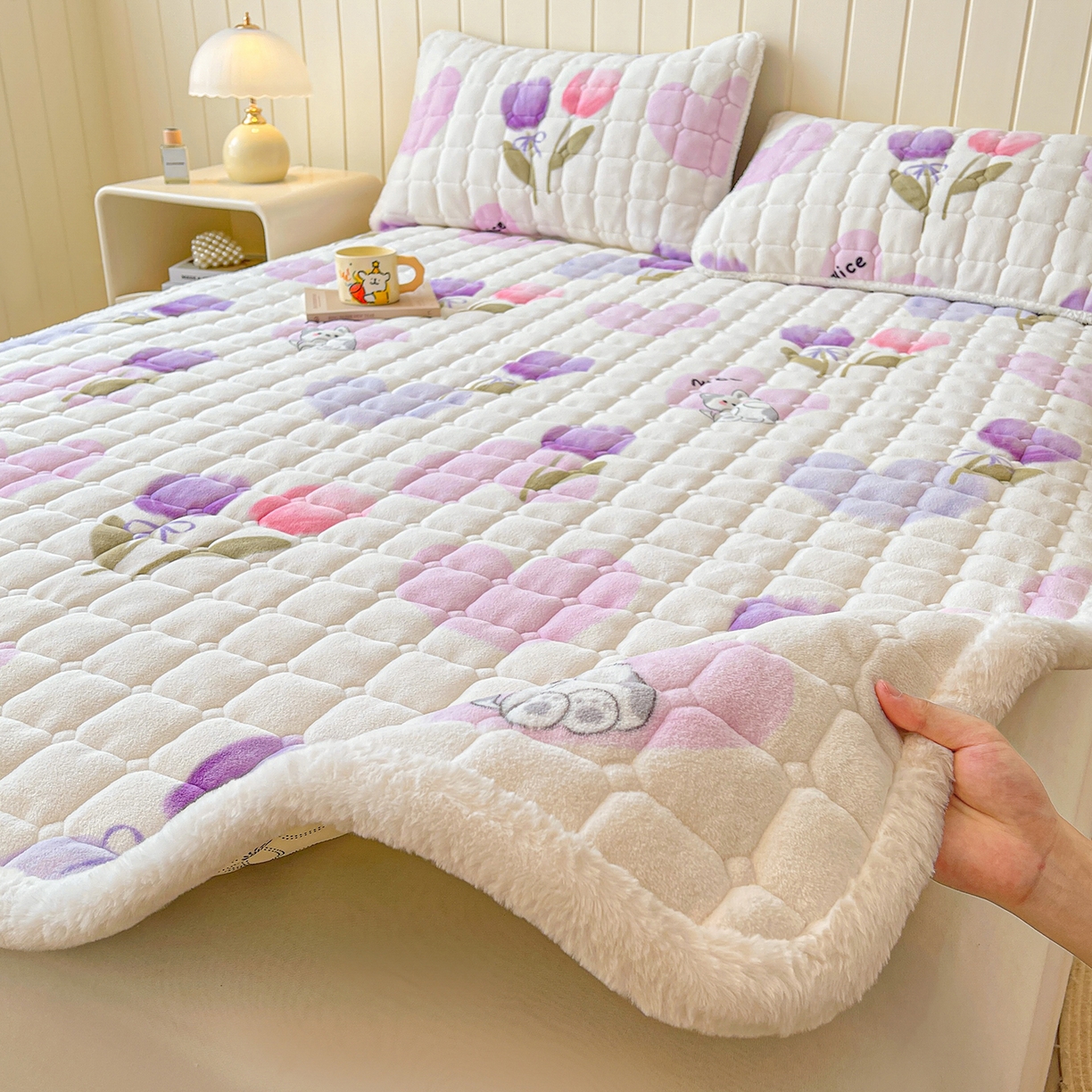 LIFE.丽芙 2025秋冬新款牛奶绒加厚夹棉床垫床护垫单件印花卡通小清新床褥床垫子三件套 花语