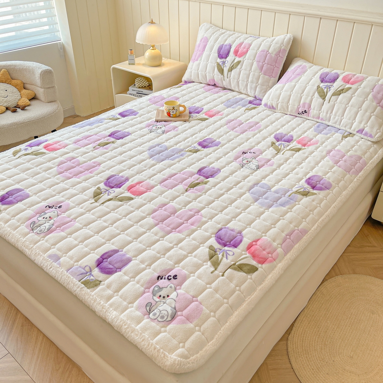 91家纺网 家纺一手货源 找家纺 LIFE.丽芙 2025秋冬新款牛奶绒加厚夹棉床垫床护垫单件印花卡通小清新床褥床垫子三件套 花语