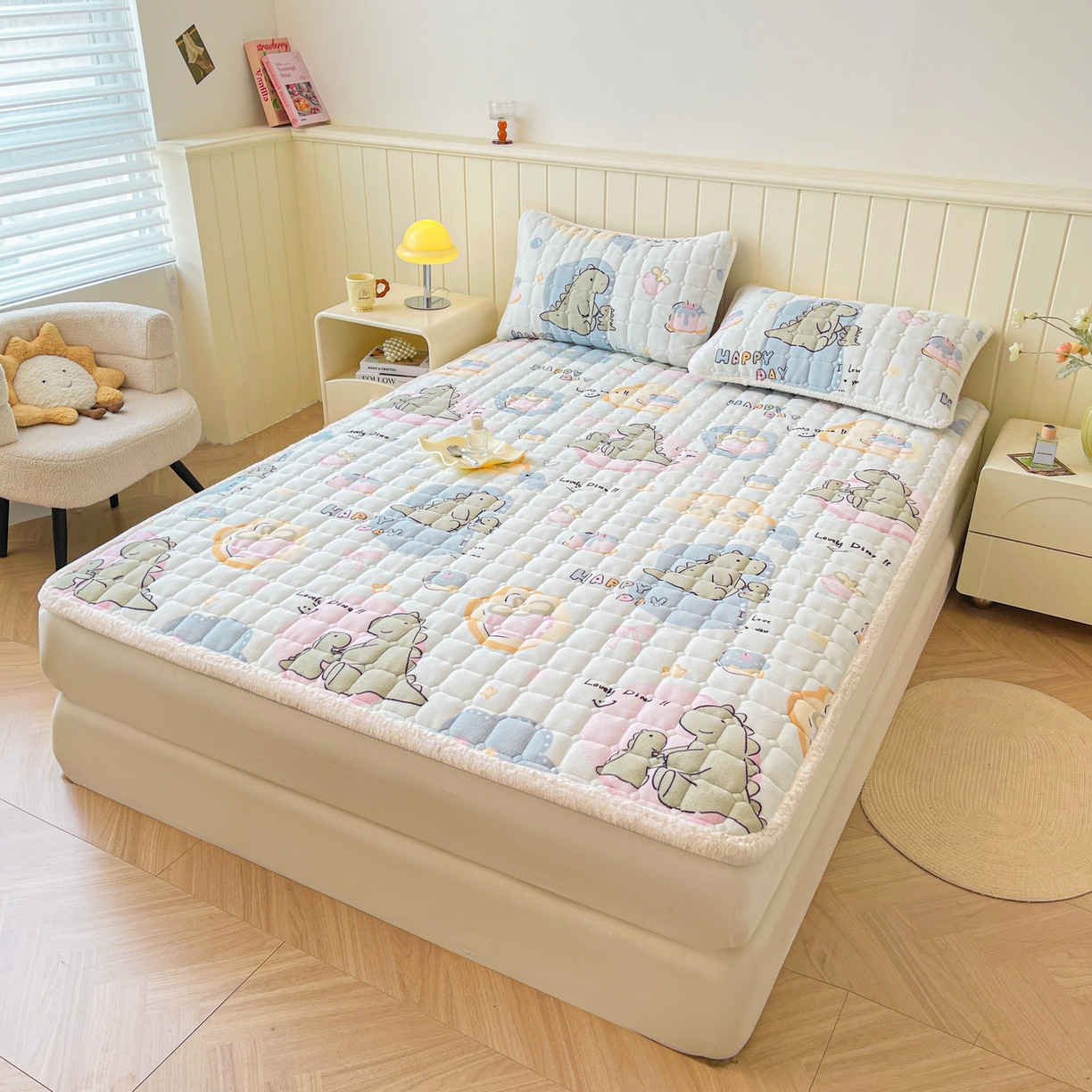 91家纺网 家纺一手货源 找家纺 LIFE.丽芙 2025秋冬新款牛奶绒加厚夹棉床垫床护垫单件印花卡通小清新床褥床垫子三件套 恐龙宝宝