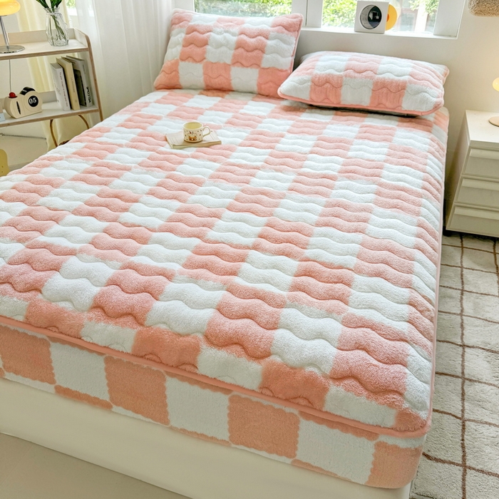 LIFE.丽芙 2025秋冬北极绒加厚夹棉床笠三件套印花泰迪绒床垫保护套罩(自然光图) 棋盘格-粉玉