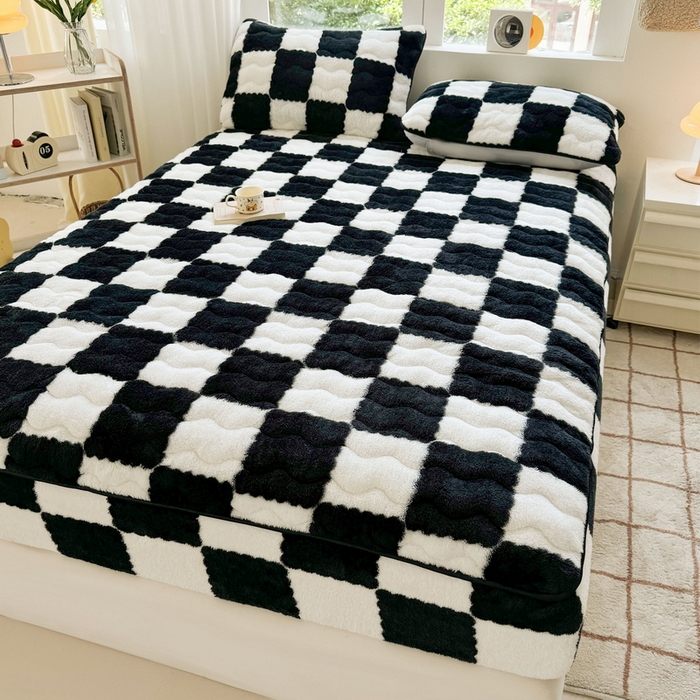 LIFE.丽芙 2025秋冬北极绒加厚夹棉床笠三件套印花泰迪绒床垫保护套罩(自然光图) 棋盘格-黑白