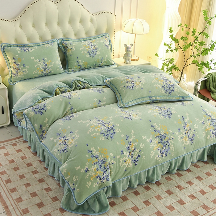 91家纺网 家纺一手货源 找家纺 赛丽雅 2025新款牛奶绒床裙四件套8-9斤法莱绒直播爆款日产2万套 花枝如梦-绿