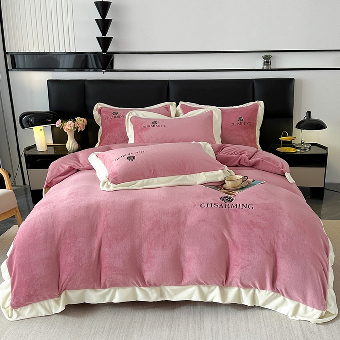 91家纺网 家纺一手货源 找家纺 畅畅家纺 2025新款冬季加厚牛奶绒刺绣加绒保暖四件套-山茶花系列 山茶花-豆沙色