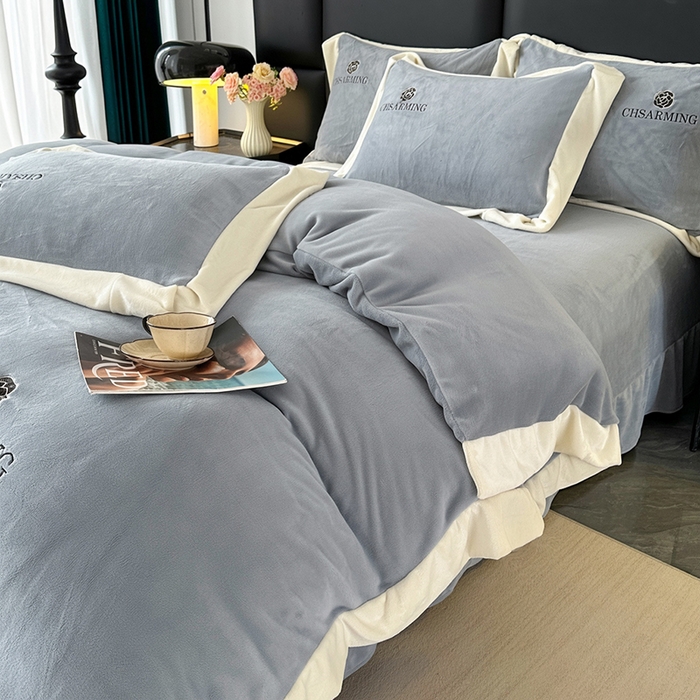 91家纺网 家纺一手货源 找家纺 畅畅家纺 2025新款冬季加厚牛奶绒刺绣加绒保暖四件套-山茶花系列 山茶花-灰色