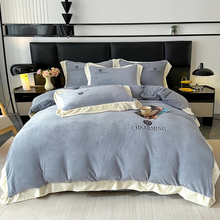 畅畅家纺 2025新款冬季加厚牛奶绒刺绣加绒保暖四件套-山茶花系列 山茶花-蓝灰色